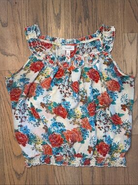 Dressbarn Women’s Cream Floral Ruffle Camisole with Coral & Teal Accents Size L
